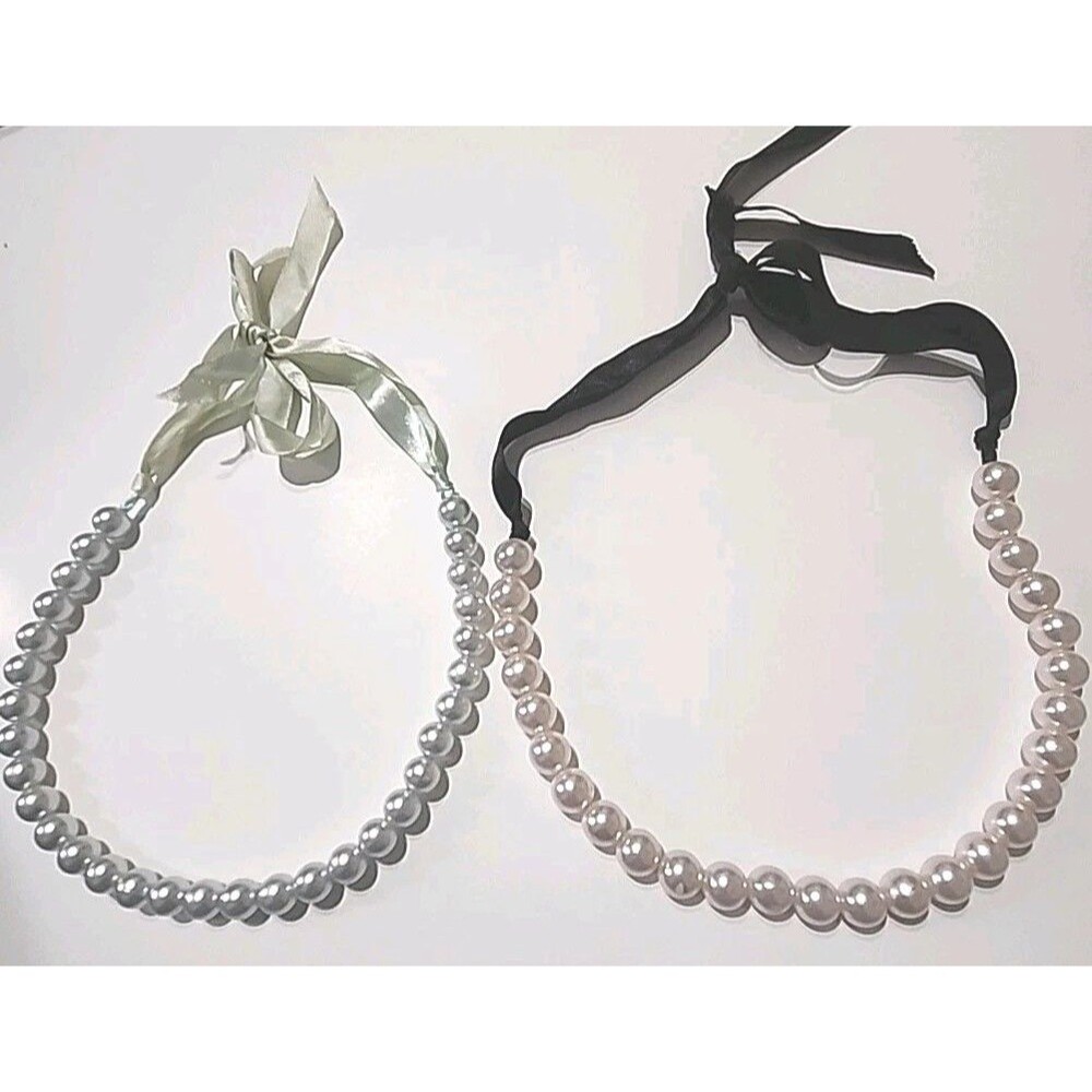 Fashion Statement Lot 2 Faux Cream Pearl Satin Black &White Tie Necklace